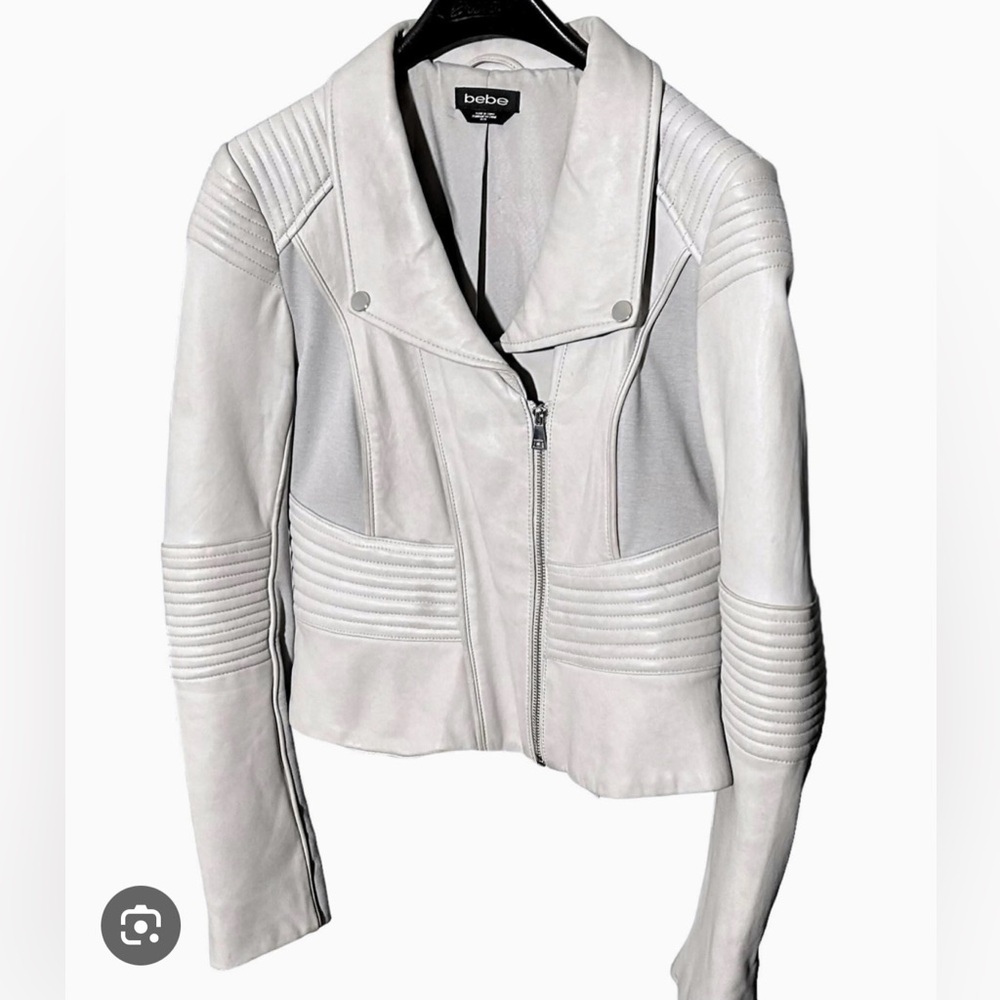 BEBE Womens (XS) Gray Asymmetric-Zip Leather Moto Jacket Quilted Details Lined